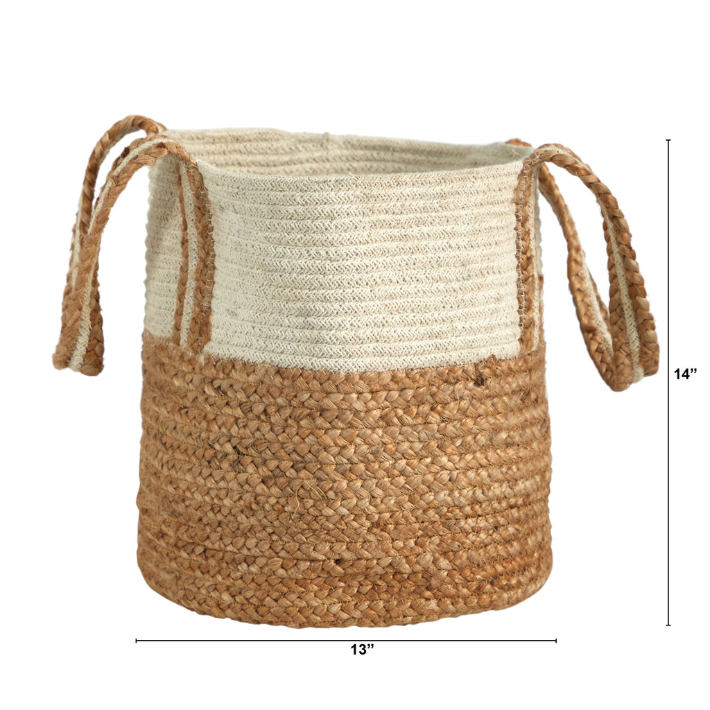 Nearly Natural 14" Boho Chic Basket Planter Natural Cotton and Jute with Handles