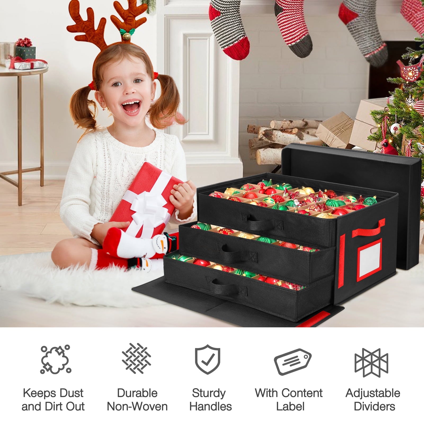 Ayieyill Premium Large Christmas Ornament Storage Box, Christmas Ornament Organizer, with Side Open, 3 Removable Trays - Keeps 72 Holiday Ornaments, Black