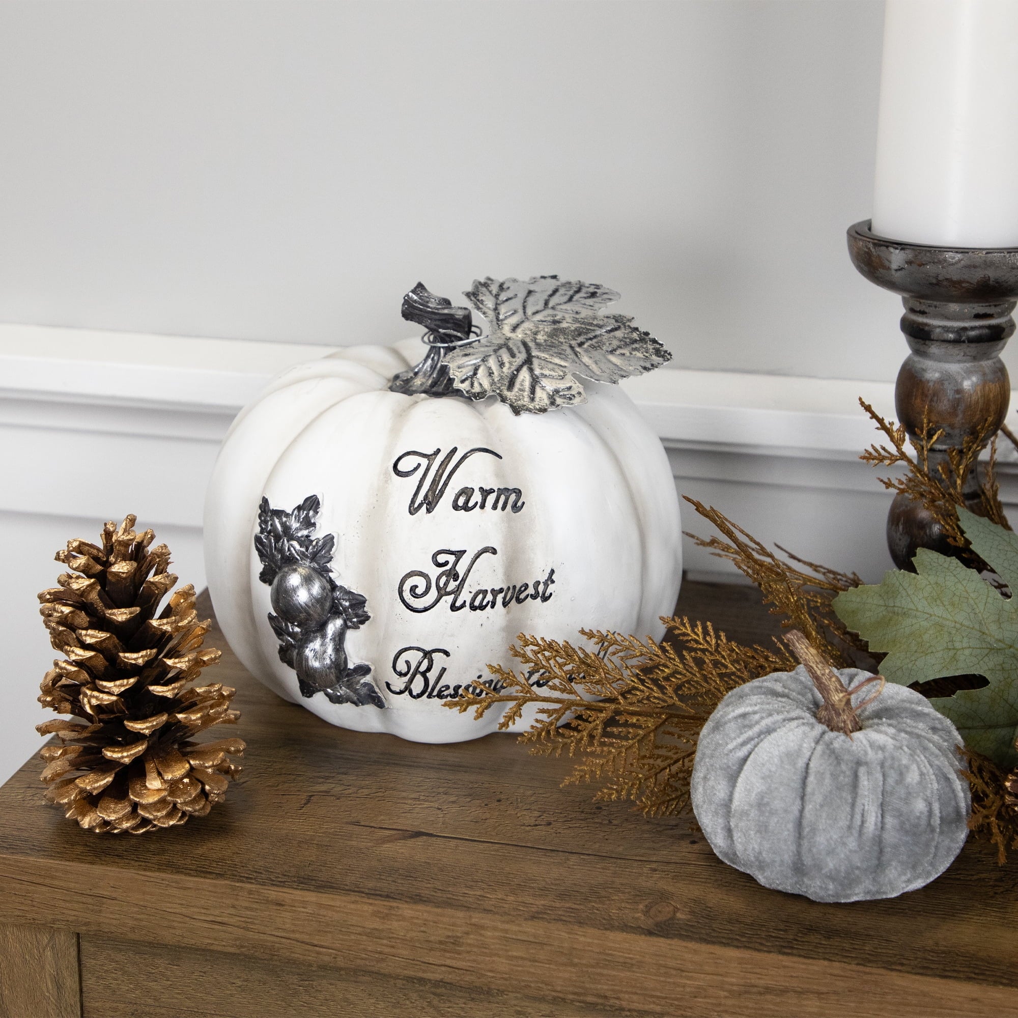 Northlight 8" White and Black "Warm Harvest Blessing" Pumpkin Fall Harvest Decoration