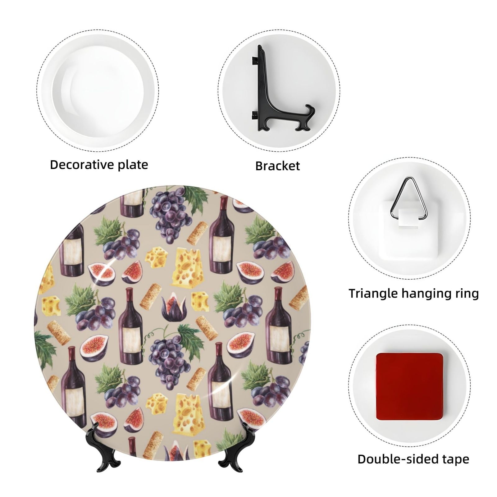 Cauagu Glasses Of Red Wine Print Bone China Decorative Plate, Wall Mount Plate Holiday Decor Decorative Ceramic Plates with Stand Elegant Household Plates Decorative-7in