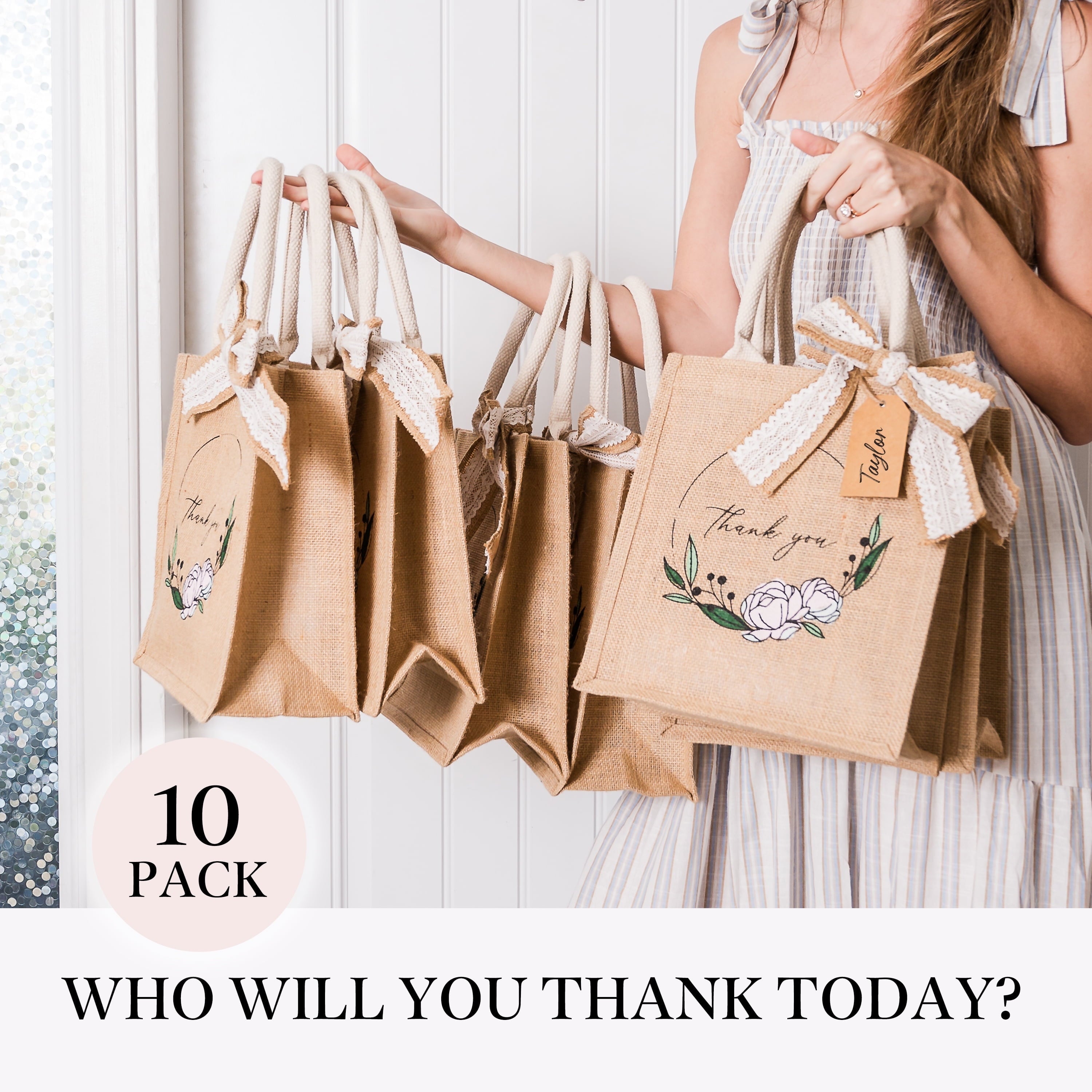 FOLIATE Jute Burlap Gift Bags - 10 Pack Burlap Tote Bag with Name Tag & Ribbon - Reusable Small Thank You Bags with Handles for Bridesmaid Totes, Shopping, DIY Wedding Tote Bags Bulk, 10.5"x9.5"x5"