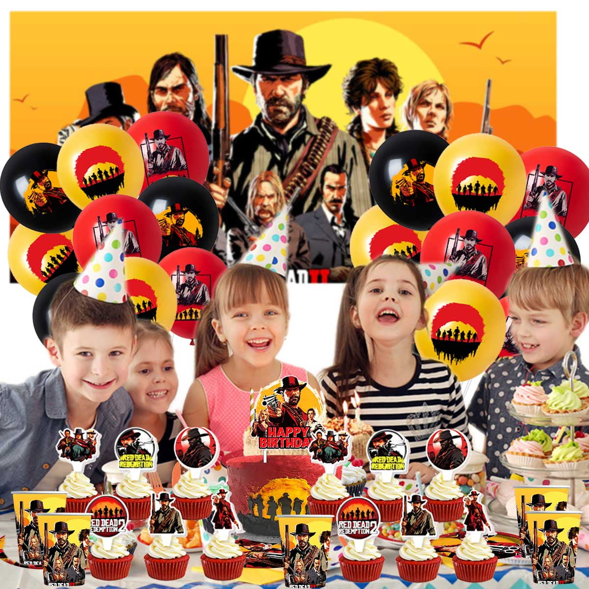Red Dead Redemption Balloons Supplies Party Decor Plates Decorations Banner Cake Topper Tableware Banner Backdrop