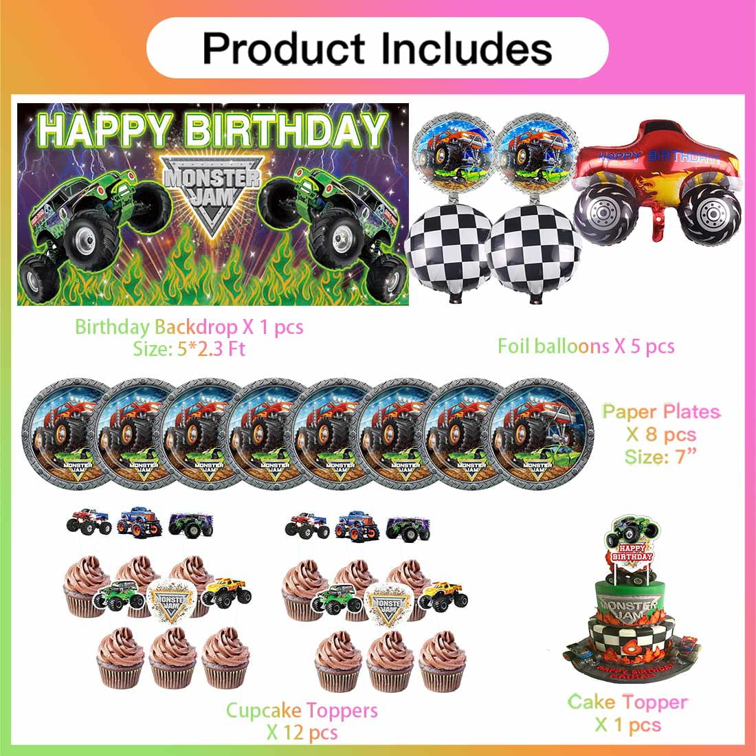Monster Jam Party Supplies Decor Tableware Backdrop Banner Cake Topper Balloons Birthday Decorations