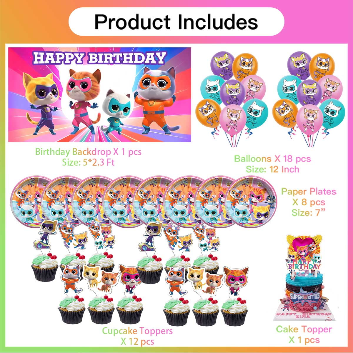 Super Kitties Birthday Party Supplies Balloons Paper Plates Decoration Cake Topper Decor Tableware Banner Backdrop