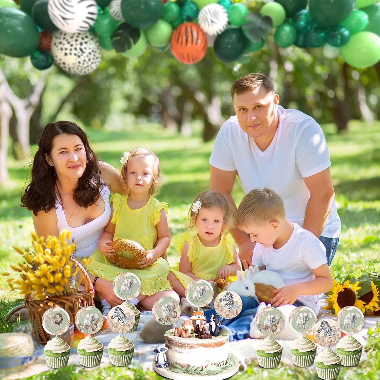 Kreatwow Jungle Safari Animals Cake Toppers Retro Green Cupcake Toppers with Elephants and Lions Jungle Safari Birthday Cake Decorations for Wild One Wild Two Jungle Safari Birthday Safari Baby Shower