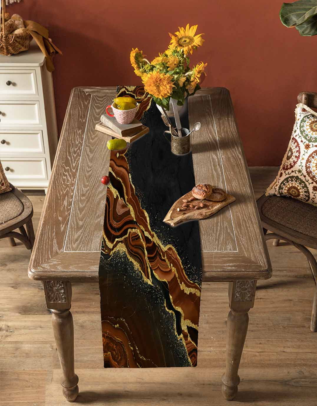 Brown Marble Table Runner Gold Abstract Vintage Modern Ombre Art Tablerunners 14 x 72 Inch, Table Decorations Tabletop Scarf for Summer Gathering Holiday Farmhouse Kitchen Dining Decor