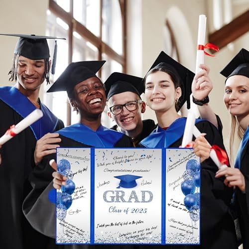 Blue Silver Graduation Party Decorations, Blue Class of 2025 Congratulations Graduates Alternative Signature Guest Book for Men Happy Graduation Gifts Congrats Grad Party Signing Card Board