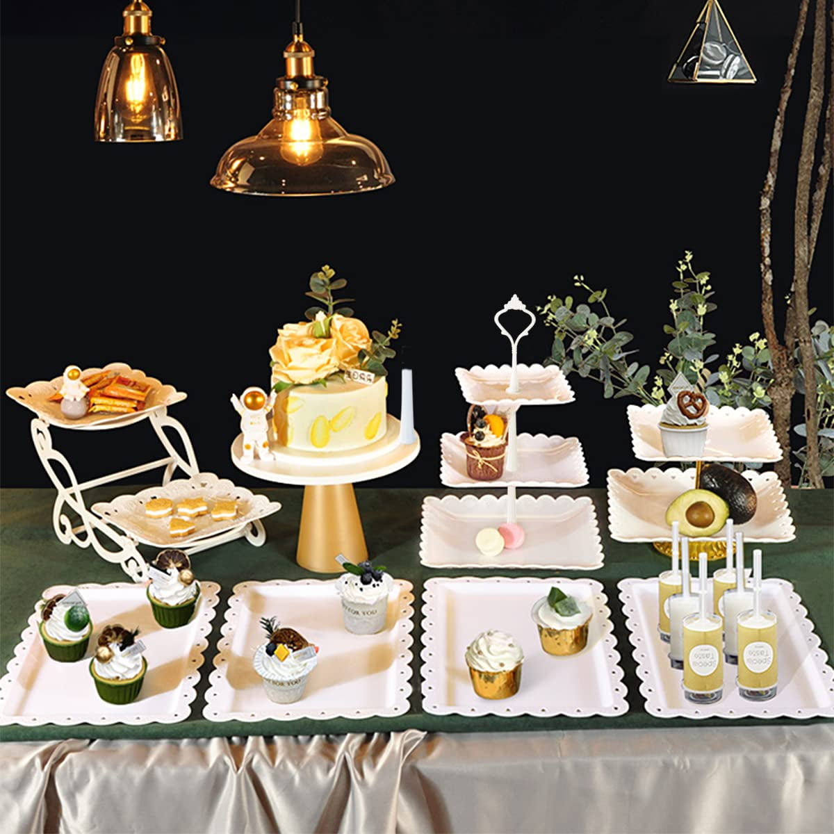 YMWVH 10-Piece White Plastic Cake Stand Set - 4 Tiered Cupcake Displays (3-Layer) & 6 Dessert Trays, Dessert Table Serving Racks for Weddings, Birthdays, Baby Showers & Tea Parties