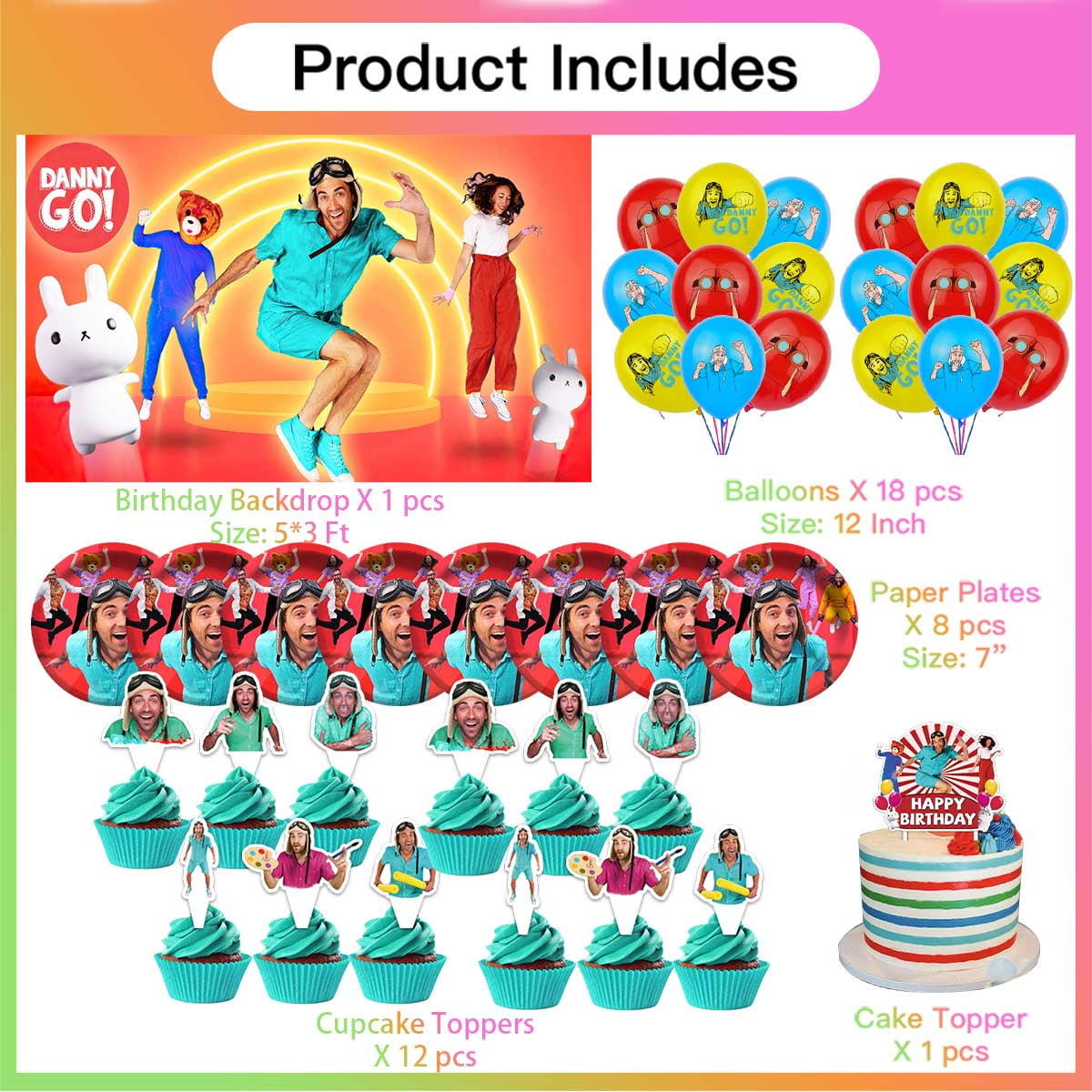 Danny go Birthday Party Supplies Balloons Paper Plates Decoration Cake Topper Decor Tableware Banner Backdrop
