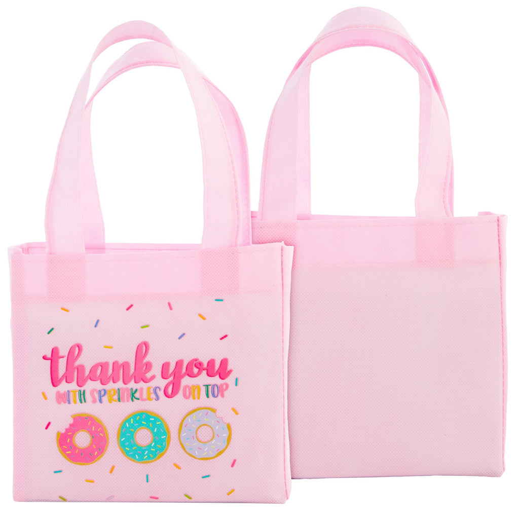 24 Pack Donut Goodie Bags - Pink Donut Theme Party Favor Totes for Girl's Birthday, Baby Shower, Special Event (6.5 x 7 x 2 In)