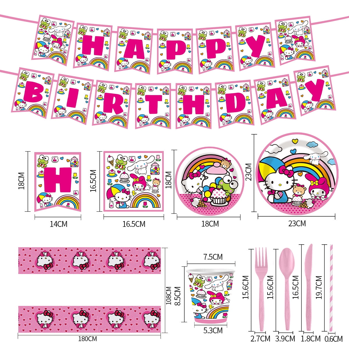HELLO-KITTY 82/92 PCS Party Supplies, Party Tableware, Disposable Paper Plates- Napkins-Forks Dinnerware Set