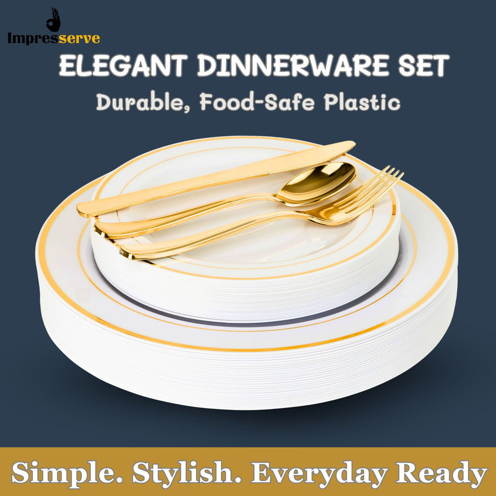 Impresserve Elegant Gold Disposable Plastic Dinnerware Set - 125 Pieces with Plates and Utensils for 25 Guests