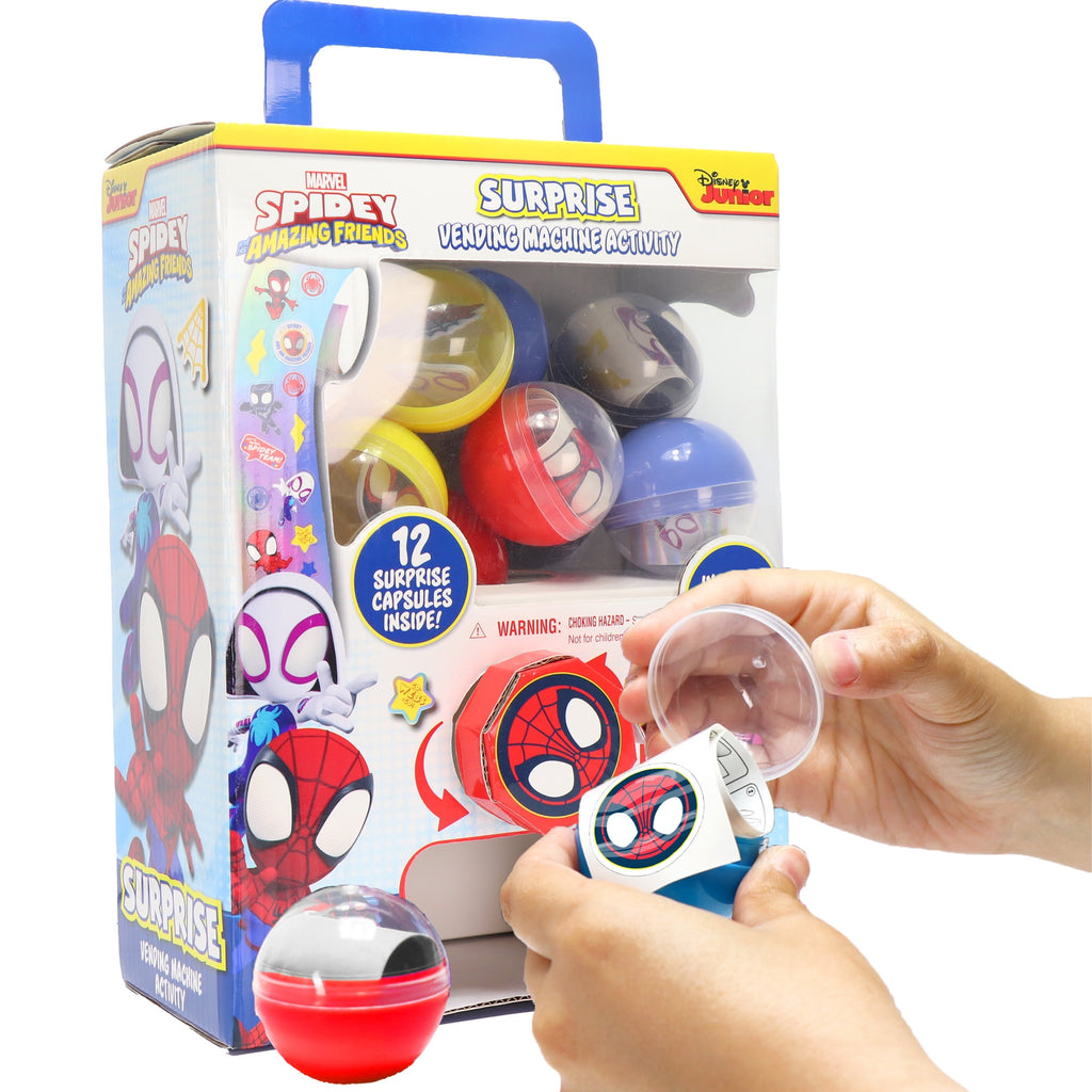 Tara Toy: Surprise Vending Machine: Spidey & His Amazing Friends - 12 Capsules, Sticker & Tattoo Rolls, Puffy & Metallic, Glow-In-The Dark, Kids 3+