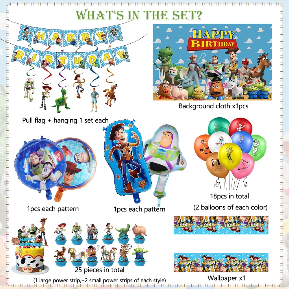 Toy Inspired Story Party Decorations, Toy Inspired Story Birthday Party Supplies, Include Happy Birthday Banner, Backdrop, Tablecloth, Balloons, Cake Toppers,  Hanging Swirls, for Kids Party