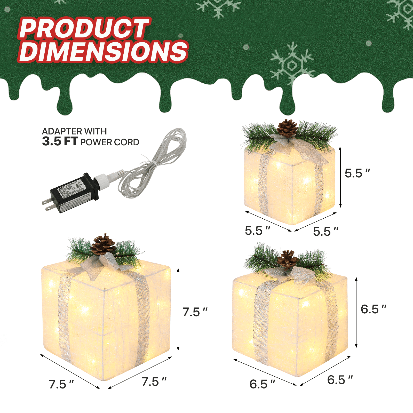 mollie Set of 3 Christmas Lighted Gift Boxes, Plug-in LED Light up Xmas Present Boxes Ornaments for Outdoor Indoor Christmas Tree Yard Holiday Party Favors Home Decor, White