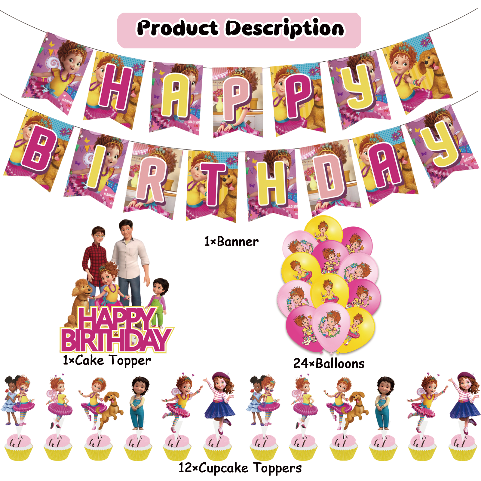 44 Pcs For Fancy Theme For Nancy Birthday Party Decorations,With 1 Happy Birthday Banner Garland,25 Cupcake Toppers,18 Balloons for Kids Party Decorations