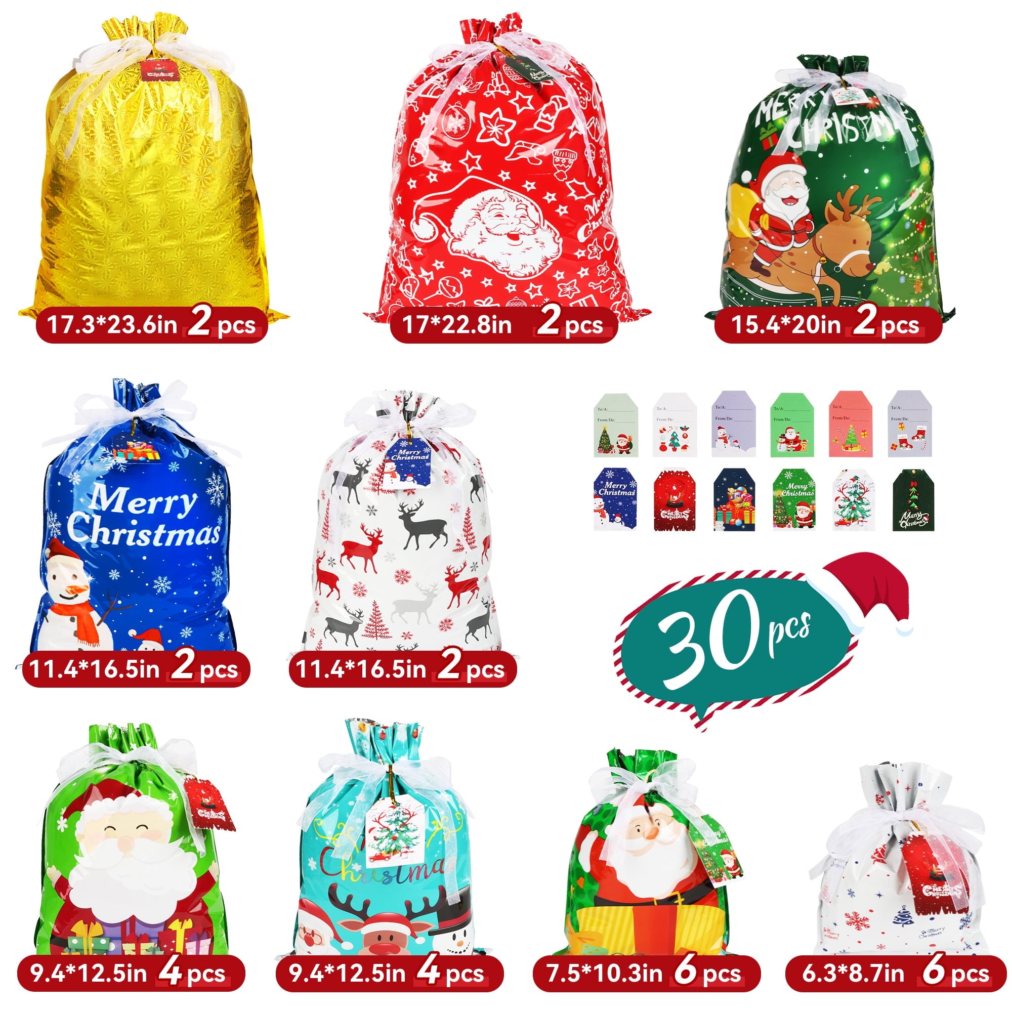 Tuonito 30PCS Christmas Drawstring Gift Bags of Assorted Sizes , Holiday Gift Bags with  Drawstrings for Xmas Party Favors