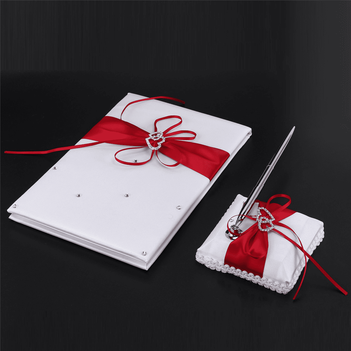 2X Wedding Guest Book with Pen Holder Sets Satin Bows Signature Book with Diamonds Love Shape Red+White