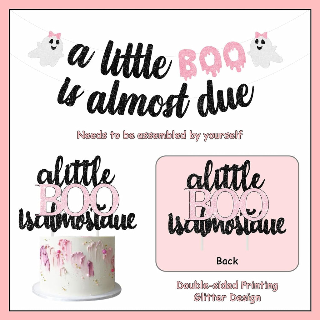 Jollyboom Halloween Baby Shower Decoration Girl, A Little Boo Is Almost Due Baby Shower Decoration Foil Balloon Cake Topper Banner Pink Fringe Curtain for Girl Halloween Baby Shower Party