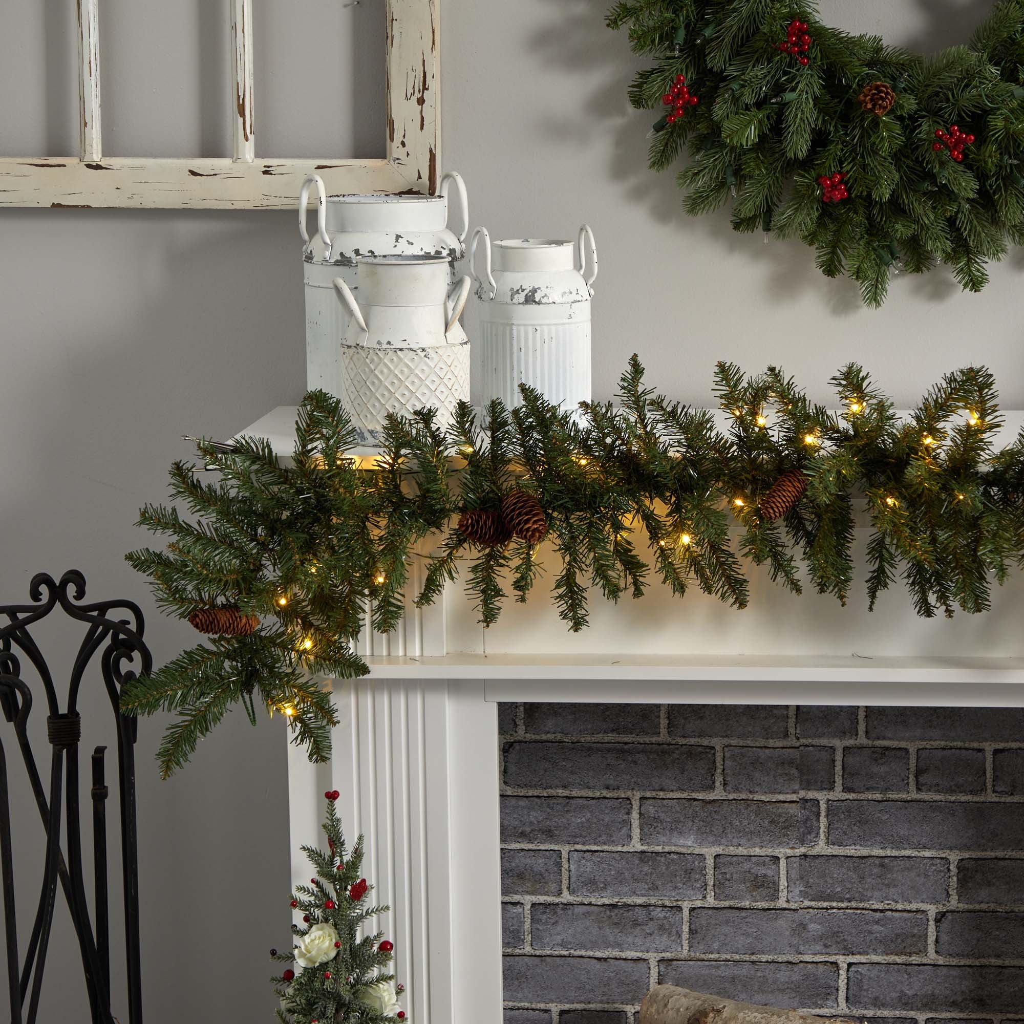 Nearly Natural 6' Mixed Alaskan Pines and Pinecones Artificial Christmas Garland 50 Warm White LED Lights