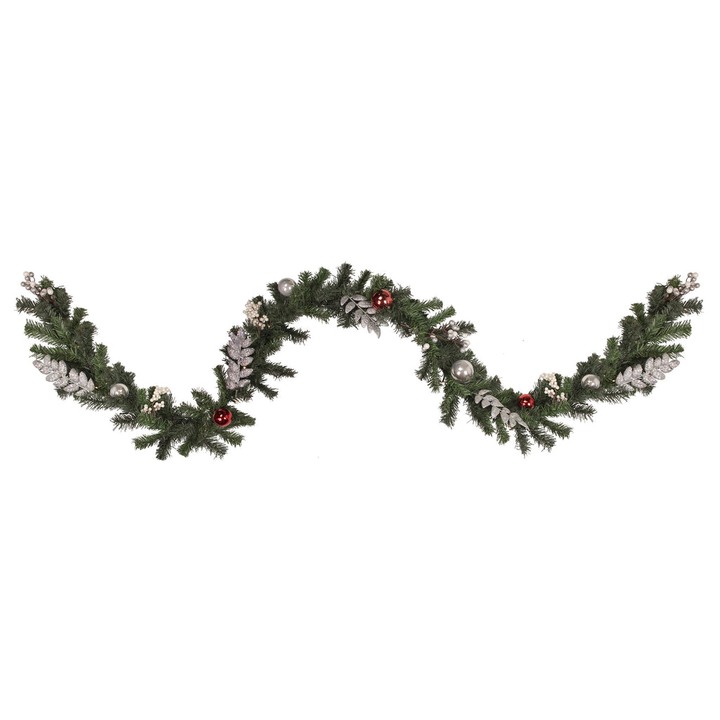 9' Pre-Lit Decorated Green Pine Artificial Christmas Garland Warm White LED Lights
