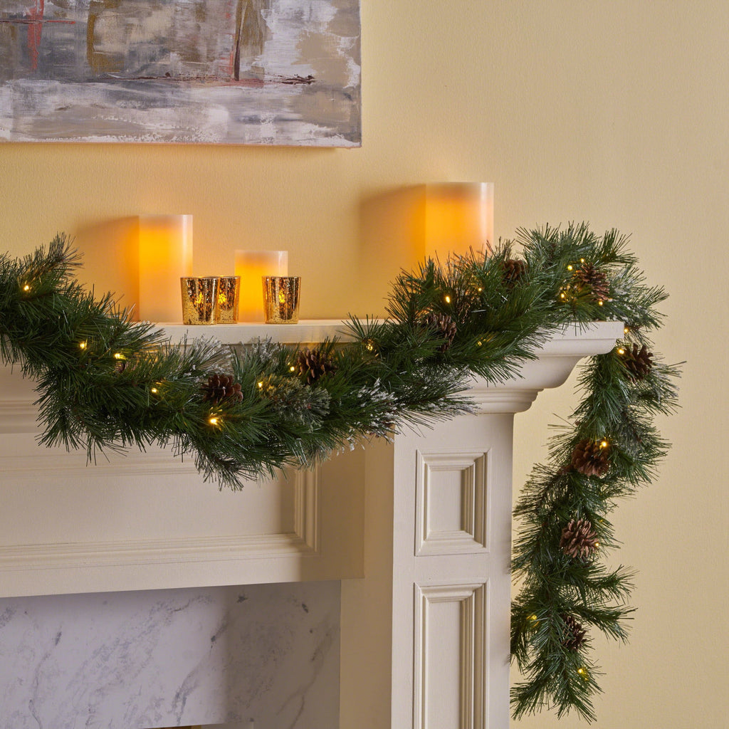 9’X10’’ Cashmere and Snow Bristle Garland with 20 Pine Cones and with 50 Warm White LED Lights with Timer-Battery Operated-Outdoor，160 Tips, Green