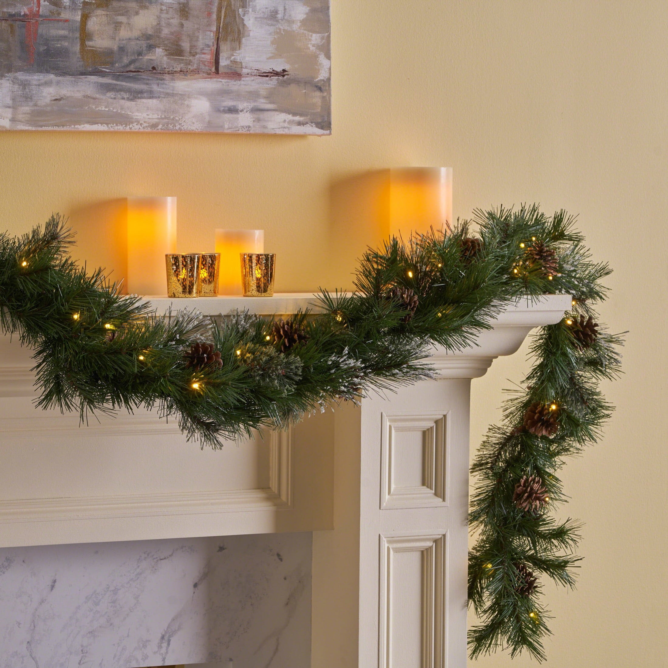 9’X10’’ Cashmere and Snow Bristle Garland with 20 Pine Cones and with 50 Warm White LED Lights with Timer-Battery Operated-Outdoor，160 Tips, Green