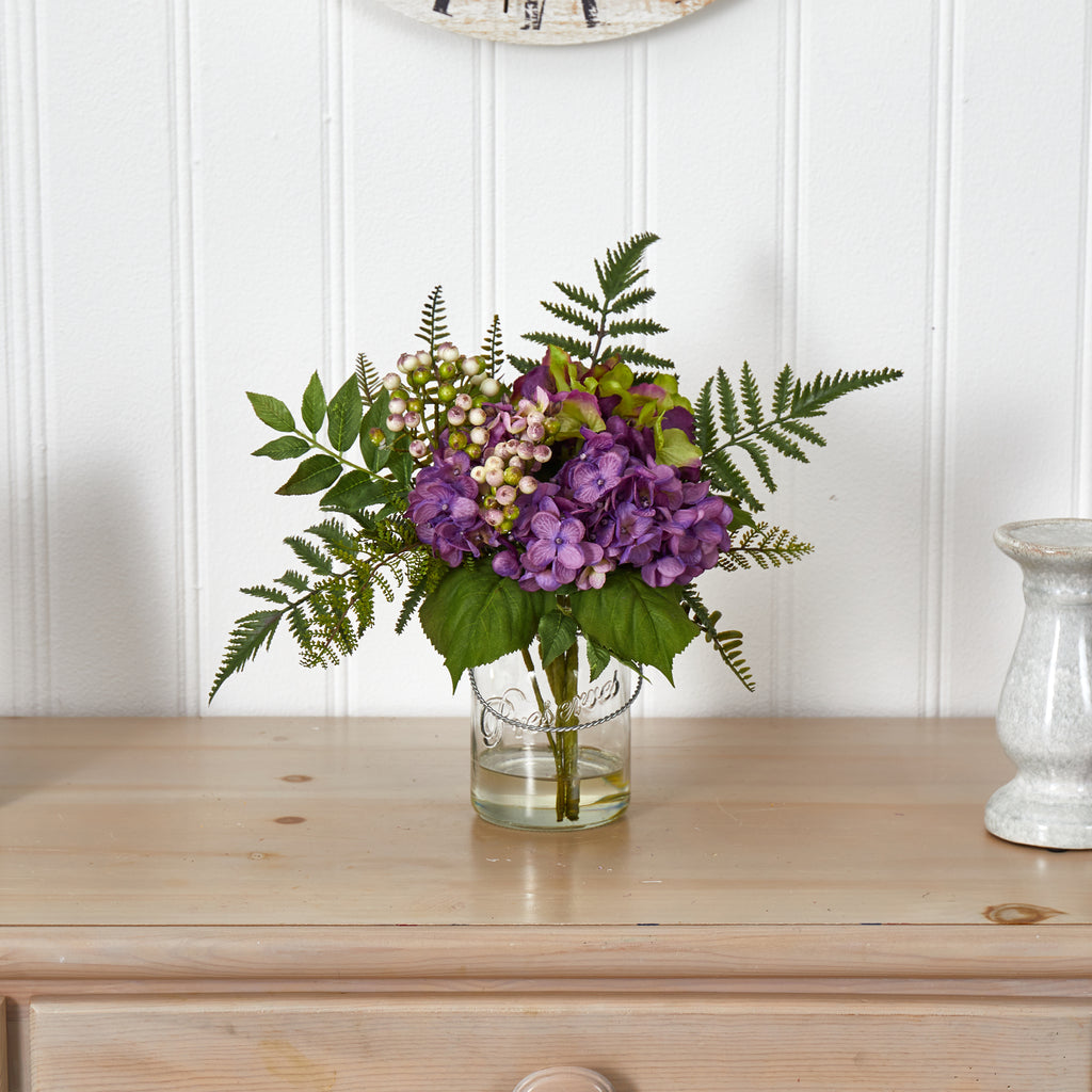 Nearly Natural 14" Purple Hydrangea & Berry Artificial Flower Arrangement