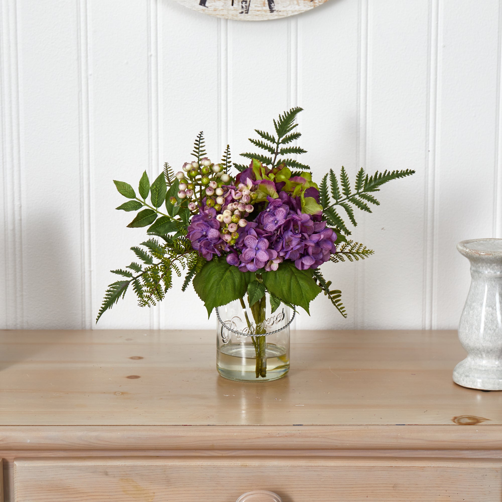 Nearly Natural 14" Purple Hydrangea & Berry Artificial Flower Arrangement
