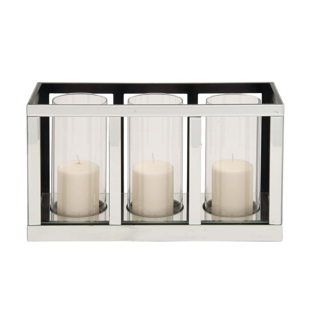 DecMode 3 Holder Silver Glass Pillar Candelabra with Mirrored Accents