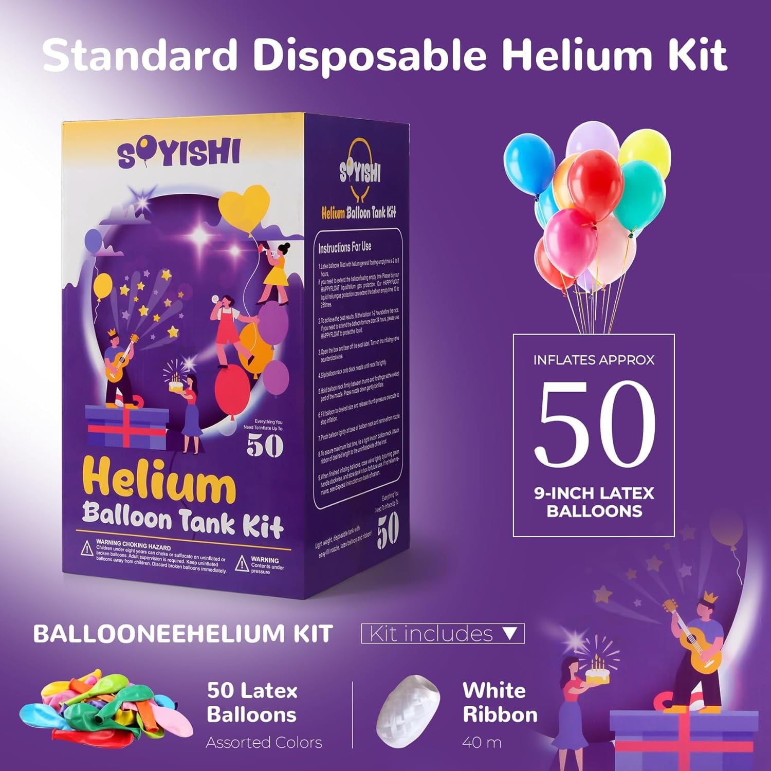 13.4L Helium Tank for Balloons at Home Balloon Pump Kit Up to 50 Assorted Latex Balloons White Curling Ribbon and Balloon Tie Tool (1 Tank)