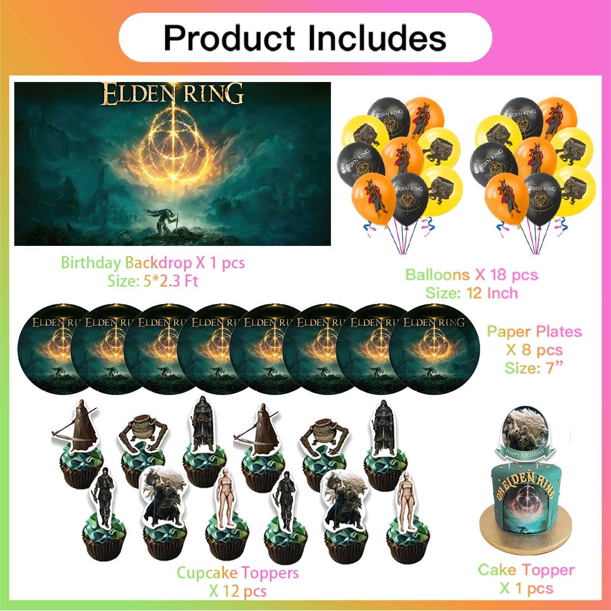 Elden Ring Party Supplies Decor Backdrop Cake Topper Plates Balloons Banner Decorations Tableware