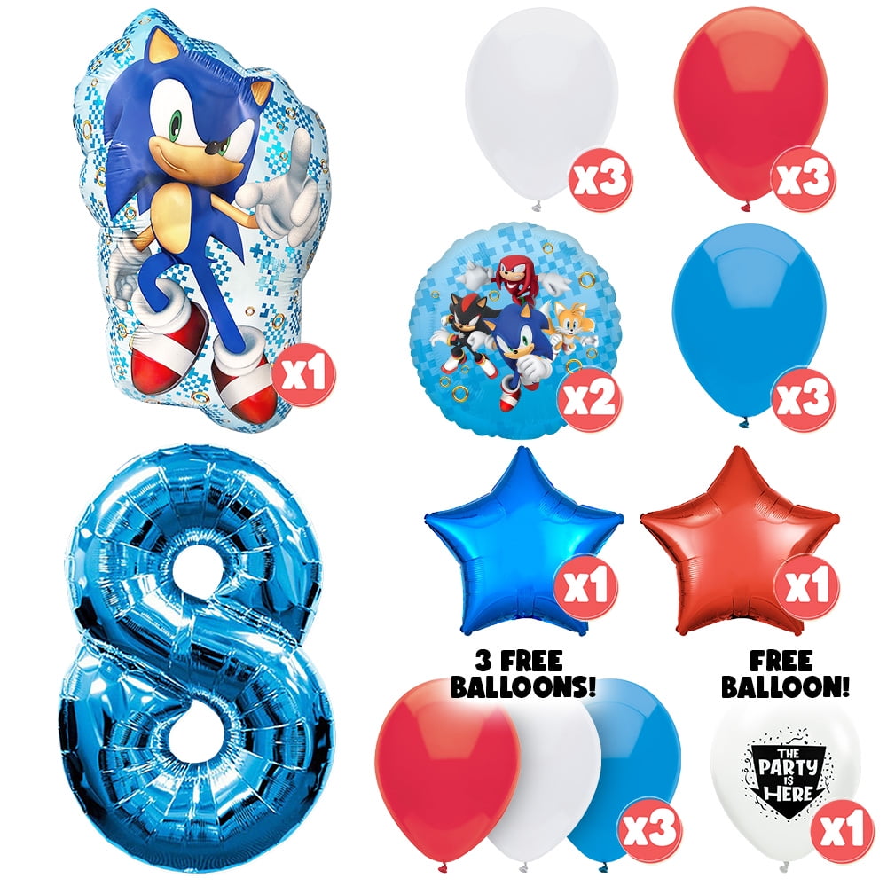 20pc Sonic the Hedgehog Balloons Bouquet Kit - Kids Party Decor Decoration Supplies with 42" Blue Number 8 Balloon - Video Game Birthday Balloons