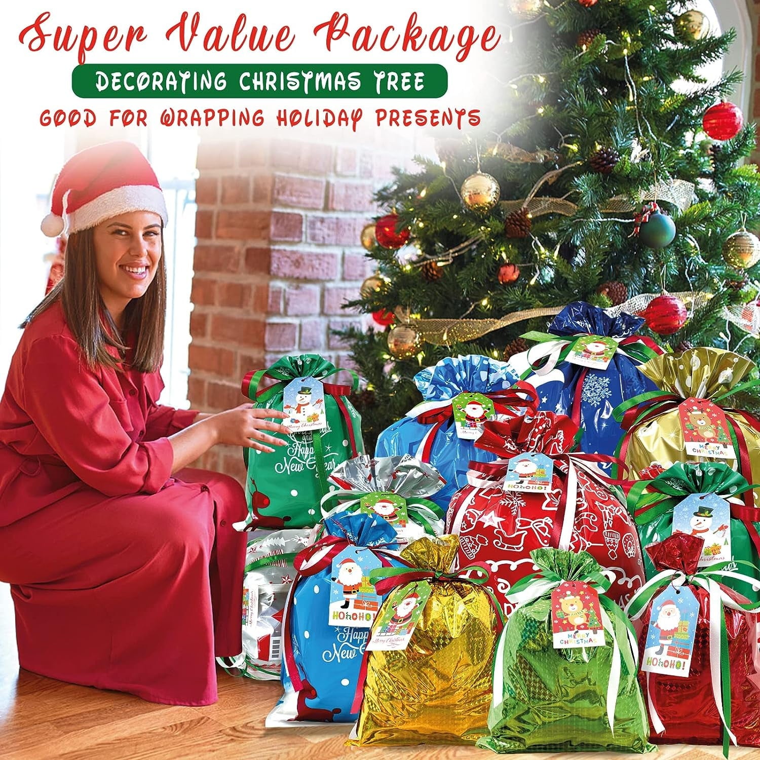 Gxrteck 45Pcs Christmas Gift Bags, Assorted Sizes for Holiday Presents, Drawstring Christmas Bags Small Medium Large for Gift Wrapping, Xmas Gift Bags with Tags Ribbon Ties, Christmas Party Supplies