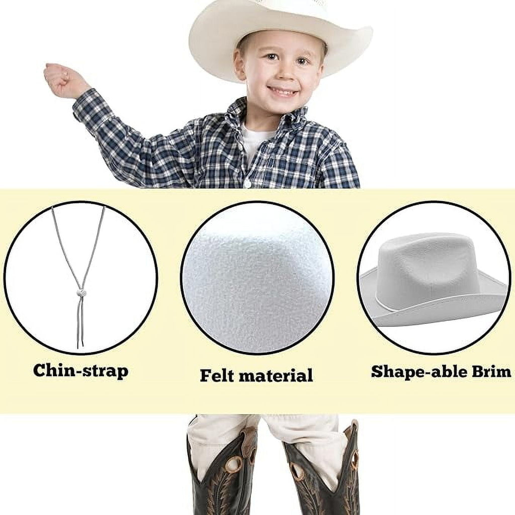 4E's Novelty Kids White Cowboy Hats Felt - 2 Pack - Fits Boys & Girls