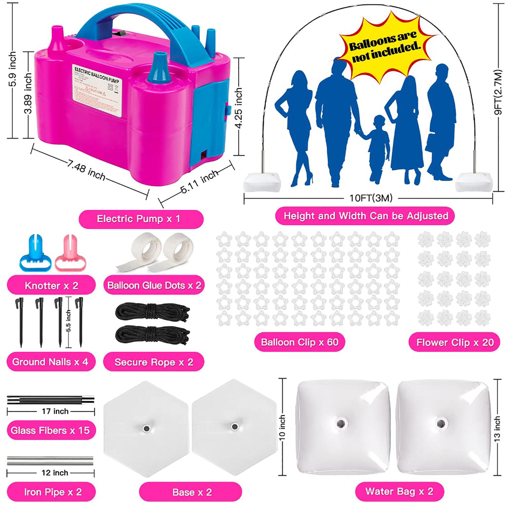 Husfou Balloon Arch Kit and Balloon Pump, 9' Tall x 10' Wide Adjustable Balloon Arch Stand Holder with Bases for Outdoor, Electric Air Pump for Bridal Graduation Baby Shower Decorations Party Supplies