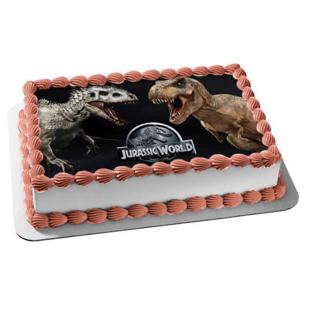 Jurassic World Logo Indominus Rex VS Tyrannosaurus Rex Edible Cake Topper Image ABPID00290V2