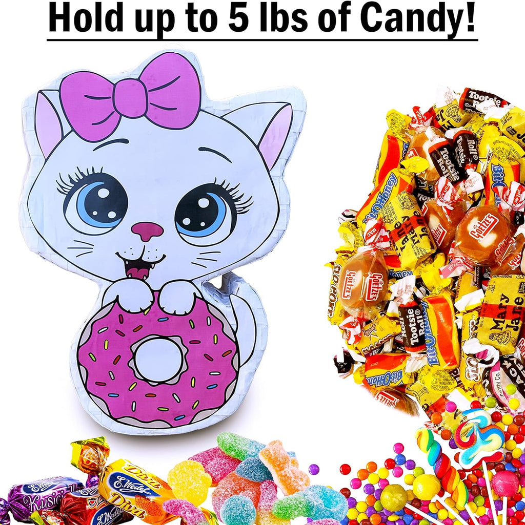 Cat Donut Pinata Bulk Candy Fill Spill Pinatas - Kitty Party Favor Game for Kids Boys Girl Birthday Parties Supplies - Animal Theme Cute Decor School Carnivals Cat Party Event - 16.5 X 12 X 4 In