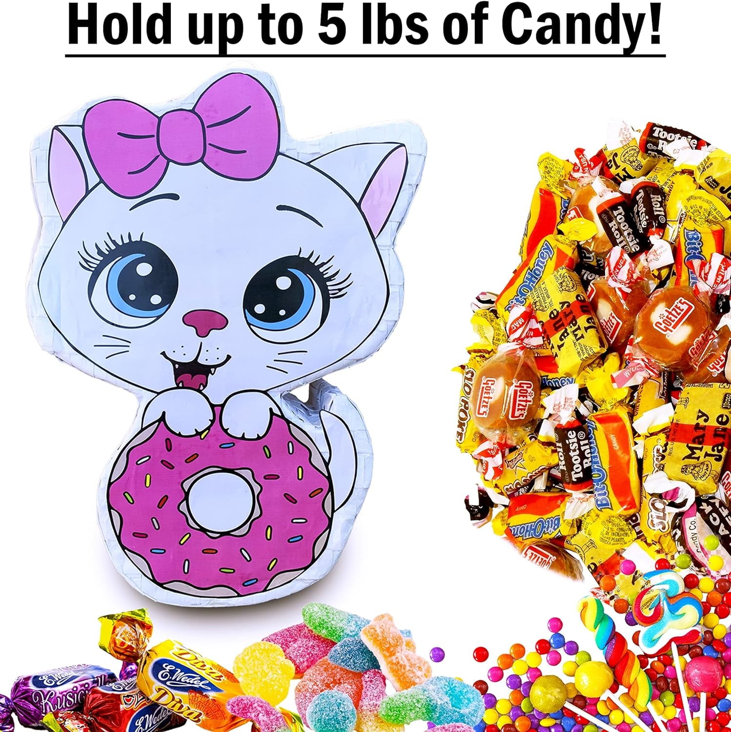 Cat Donut Pinata Bulk Candy Fill Spill Pinatas - Kitty Party Favor Game for Kids Boys Girl Birthday Parties Supplies - Animal Theme Cute Decor School Carnivals Cat Party Event - 16.5 X 12 X 4 In