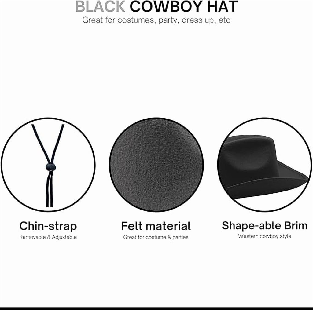 4E's Novelty 2 Pack Black Cowboy Hat, Kid Size Felt Cowgirl Hats for Girls, Boys, Teens, Party Pack