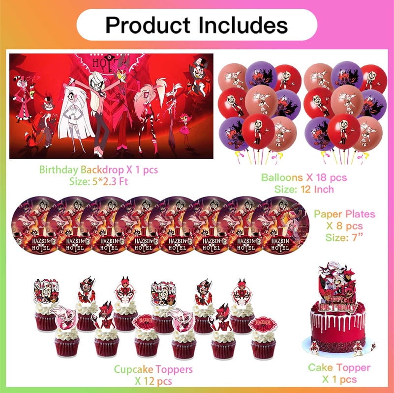 Hazbin Hotel Birthday Party Supplies Balloons Plates Decoration Cake Topper Decor Tableware Banner Backdrop