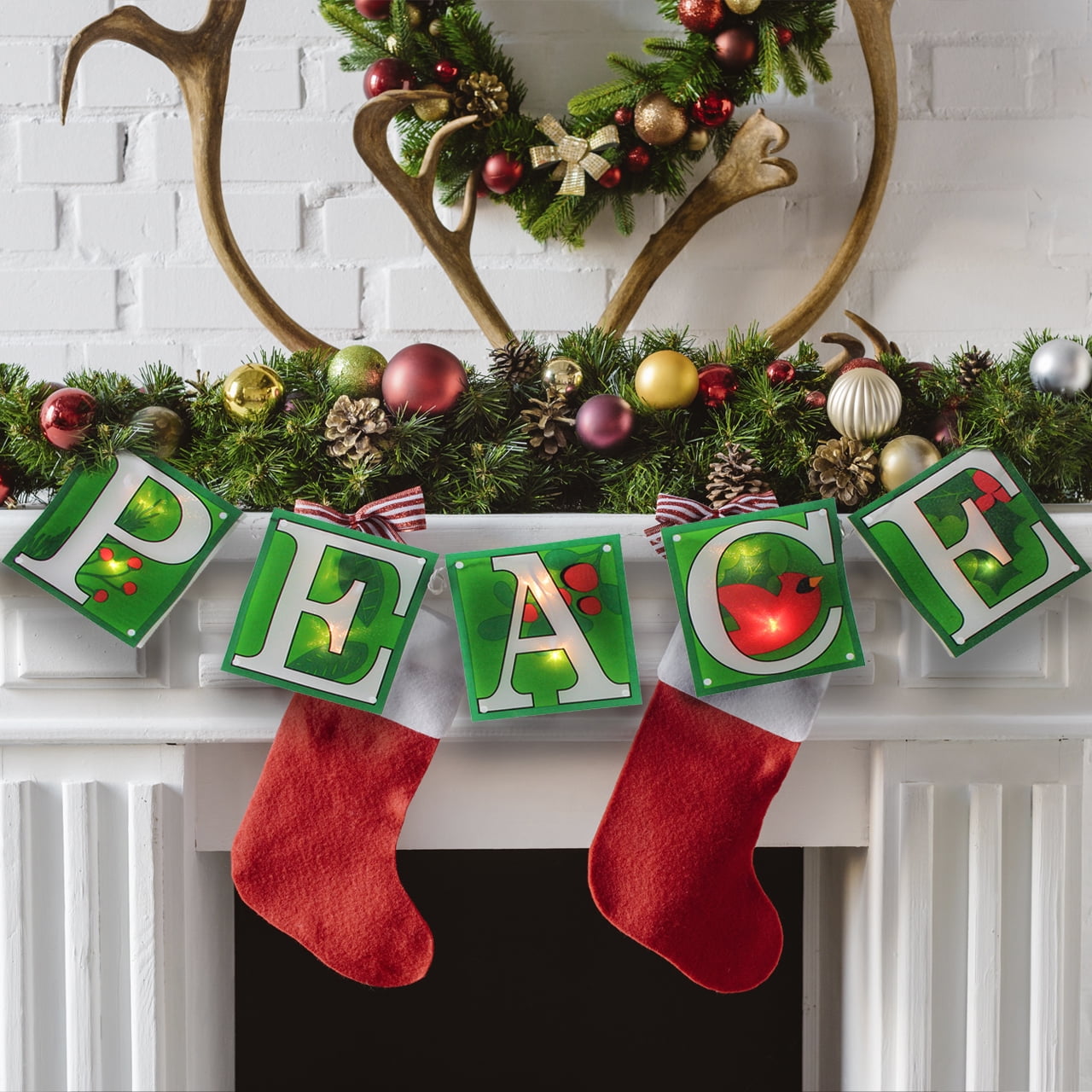 Impact 10-Count Green and Red Shimmering "PEACE" Lighted Mini Christmas Garland, 4.5ft White Wire