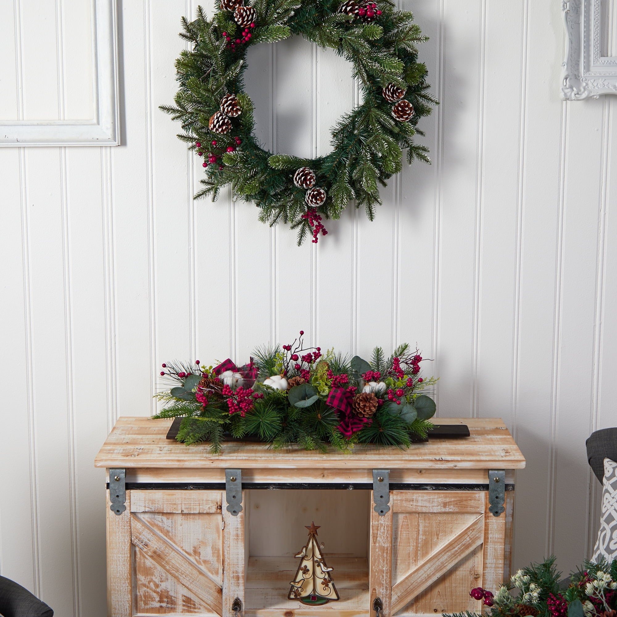 Nearly Natural 24" Holiday Berries, Pinecones and Eucalyptus Christmas Artificial Arrangement Cutting Board Wall Decoration or Table Arrangement