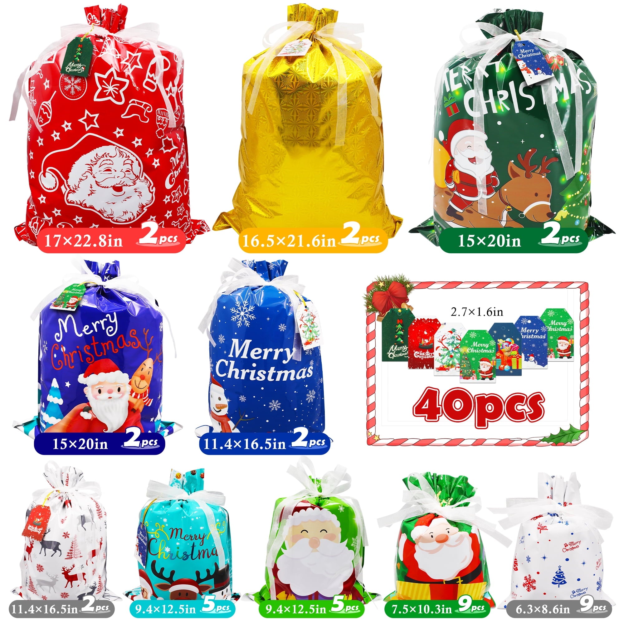 MAGOTAN 40PCS Christmas Gift Bags,10 Seconds Wrapping Gift,Holiday Gift Bags Assorted,Reusable Foil Gift Wrapping Sacks Pouches Xmas Presents Party Favor Goody Bags Jumbo