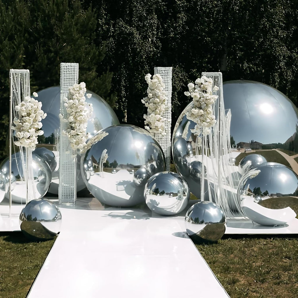 US STOCK Inflatable Mirror Ball, Silver Giant Mirror Balloon, Big Shinny Balls, Reusable PVC Hanging Disco Sphere For Party & Wedding & Event Decoration (Silver, 60CM/24IN/1.9FT)
