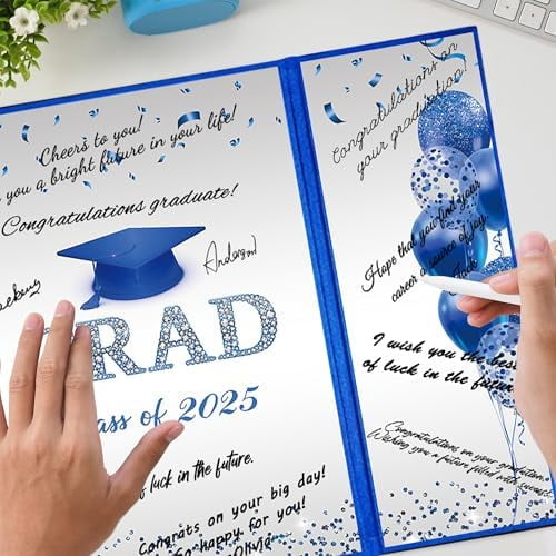 Blue Silver Graduation Party Decorations, Blue Class of 2025 Congratulations Graduates Alternative Signature Guest Book for Men Happy Graduation Gifts Congrats Grad Party Signing Card Board