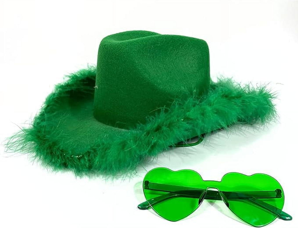 4E’s Novelty Green Cowboy Hat with Feathers & Heart Sunglasses – St. Patrick’s Day Fun