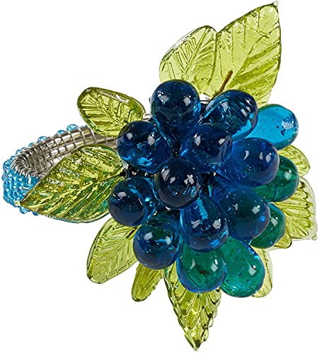 Fennco Styles Hand Beaded Flower & Leaves Decorative Napkin Rings, Set of 4 - Blue Glass Beads Napkin Holders for Home, Dining Room, Banquet, Family Gathering, Holiday and Special Occasion