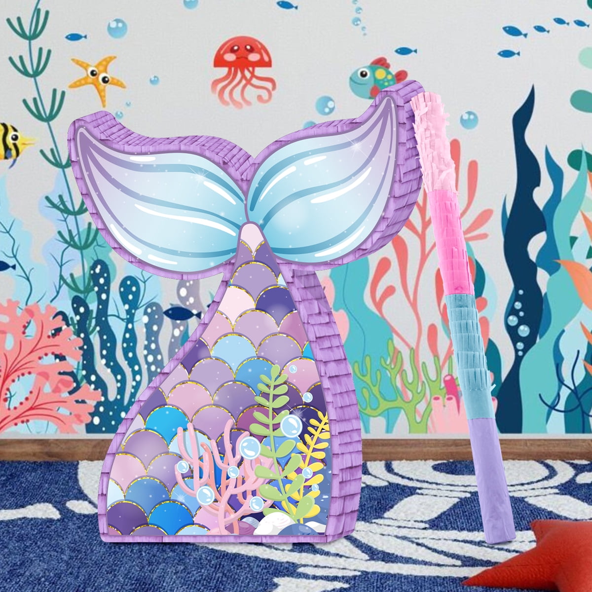 Mermaid Pinata,Mermaid Party Supplies, Mermaid Tail Pinata with Plastic Bat and Paper Blindfold for Kids Ocean Theme Party Game Carnival Activity Decoration (16.1''X12.4''X2.9'')