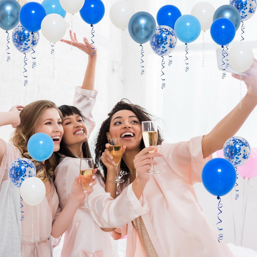 FF. Blue Metallic Balloons Blue Confetti Balloons and White Balloons,50 pcs Blue Balloons Party Balloons for Birthday Baby Shower with Extra Confetti and Balloon Ribbons